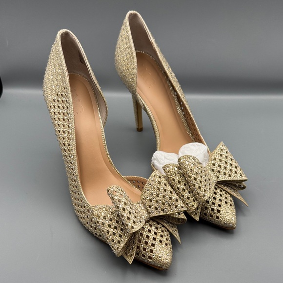 INC International Concepts Shoes - INC International Concepts Gold Glitter Pointed-Toe Bow Pumps